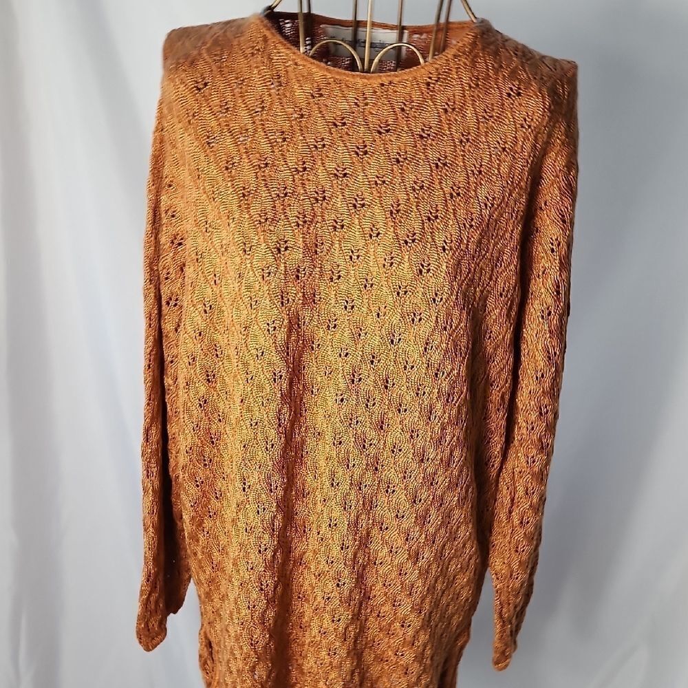 Rust Orange Cotton Rayon Open Knit Crochet Sweater Size S Fall Autumn
